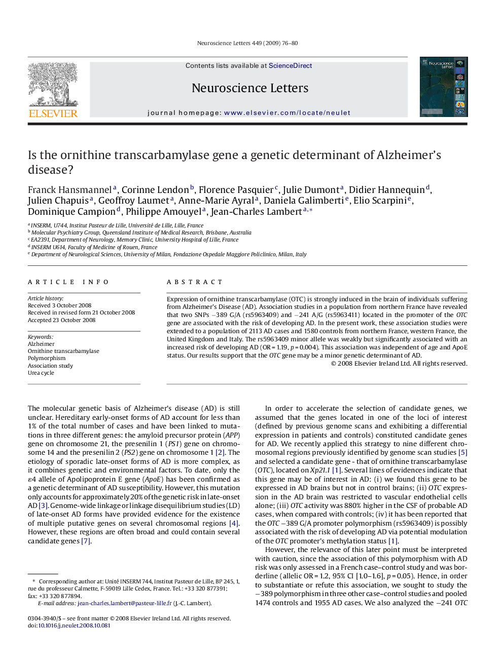 Is the ornithine transcarbamylase gene a genetic determinant of Alzheimer’s disease?