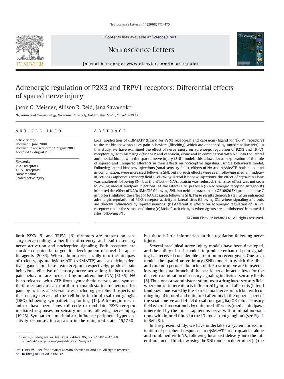 Adrenergic regulation of P2X3 and TRPV1 receptors: Differential effects of spared nerve injury