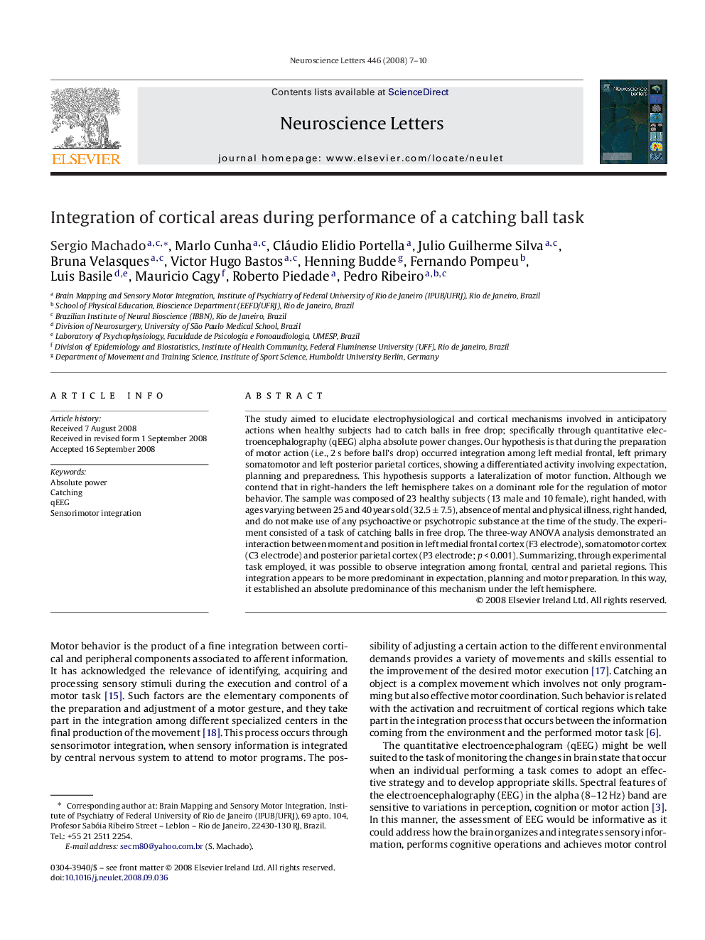 Integration of cortical areas during performance of a catching ball task