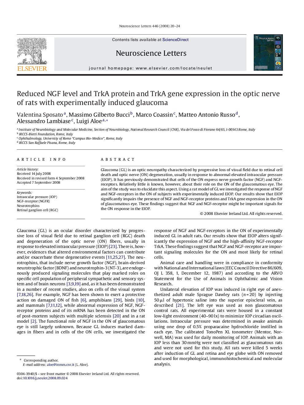 Reduced NGF level and TrkA protein and TrkA gene expression in the optic nerve of rats with experimentally induced glaucoma