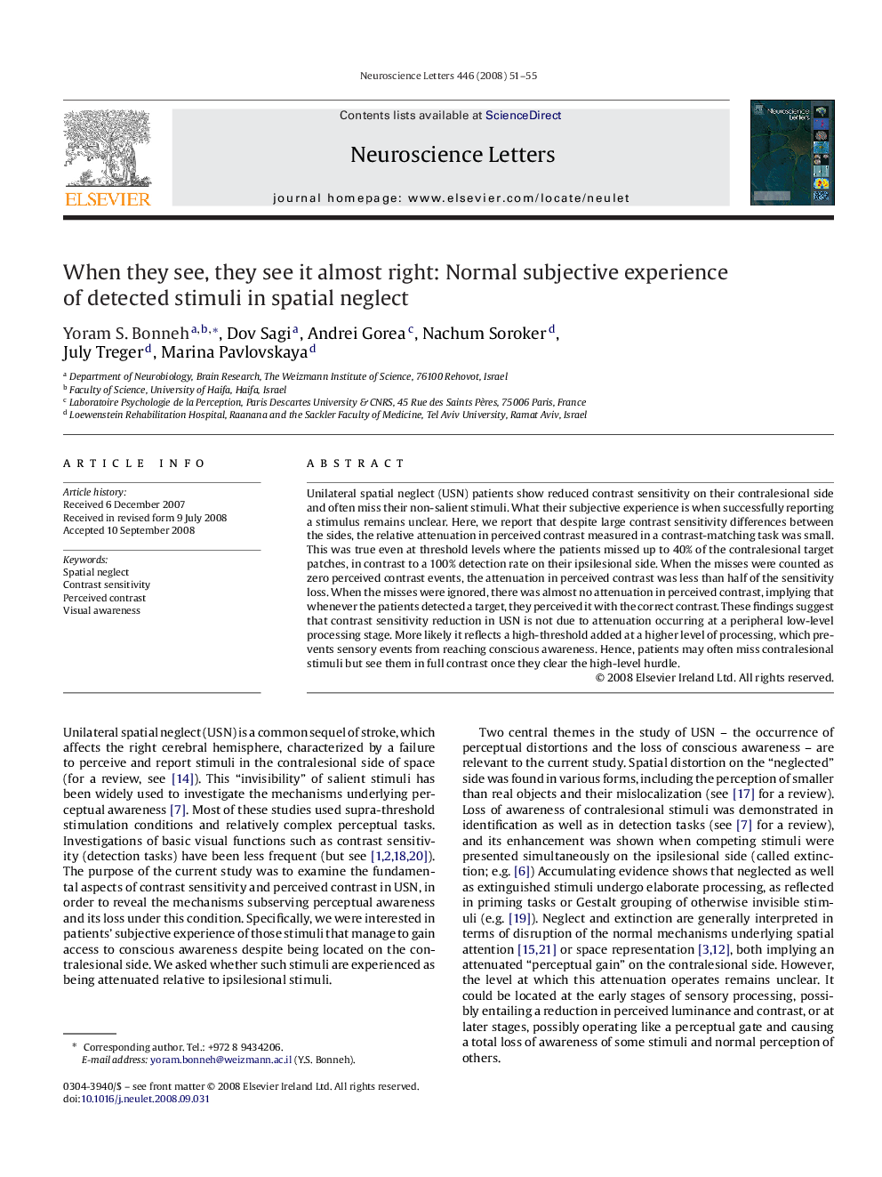 When they see, they see it almost right: Normal subjective experience of detected stimuli in spatial neglect