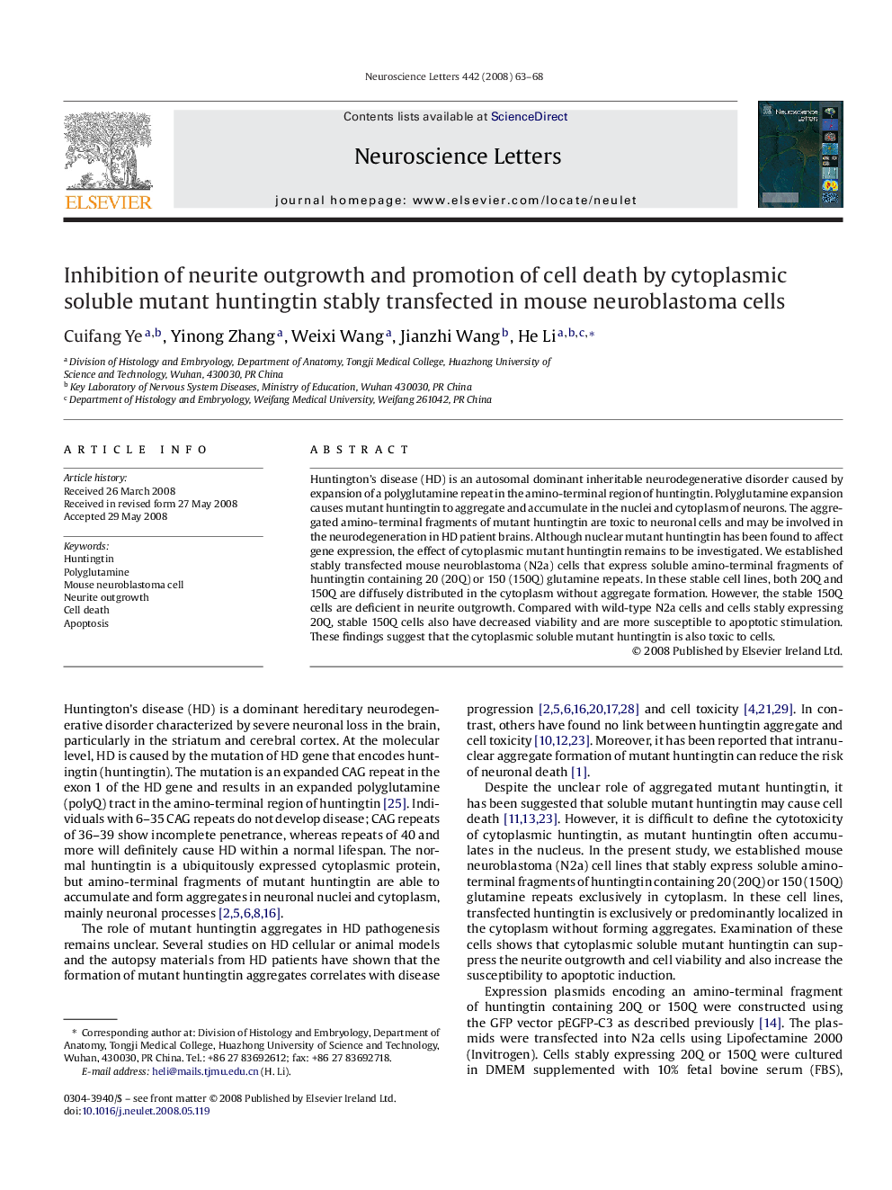 Inhibition of neurite outgrowth and promotion of cell death by cytoplasmic soluble mutant huntingtin stably transfected in mouse neuroblastoma cells