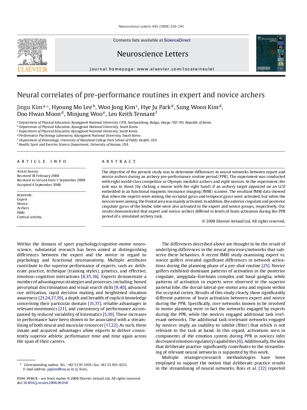 Neural correlates of pre-performance routines in expert and novice archers