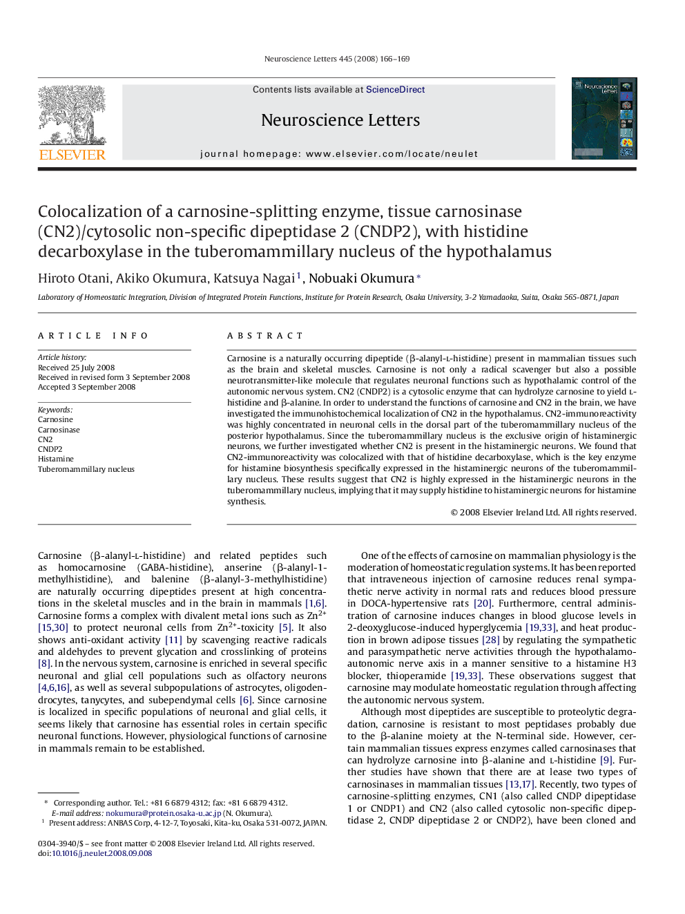 Colocalization of a carnosine-splitting enzyme, tissue carnosinase (CN2)/cytosolic non-specific dipeptidase 2 (CNDP2), with histidine decarboxylase in the tuberomammillary nucleus of the hypothalamus