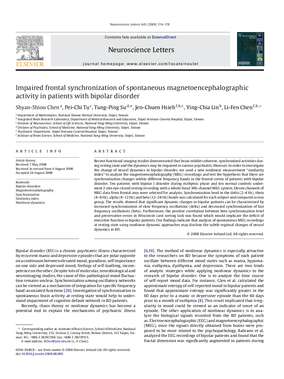 Impaired frontal synchronization of spontaneous magnetoencephalographic activity in patients with bipolar disorder