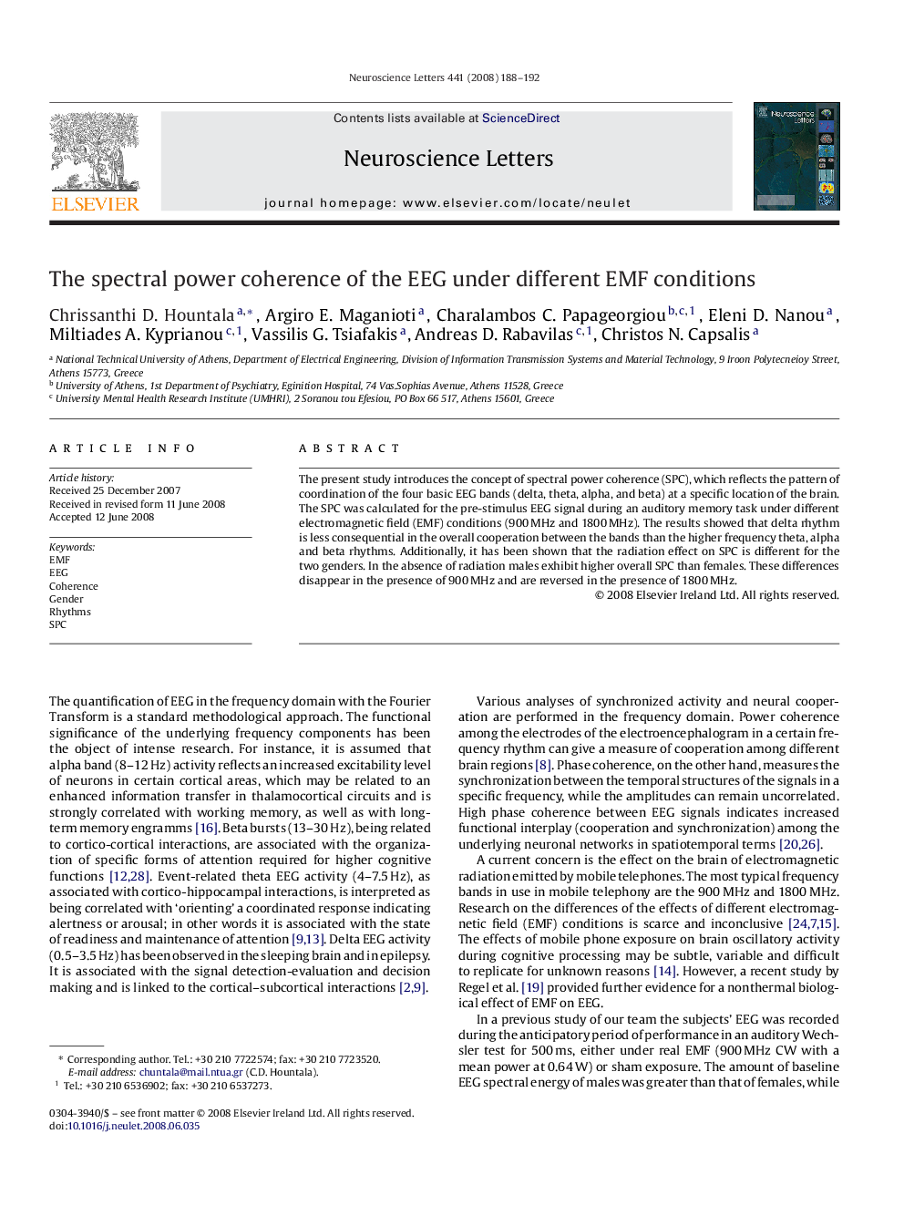 The spectral power coherence of the EEG under different EMF conditions