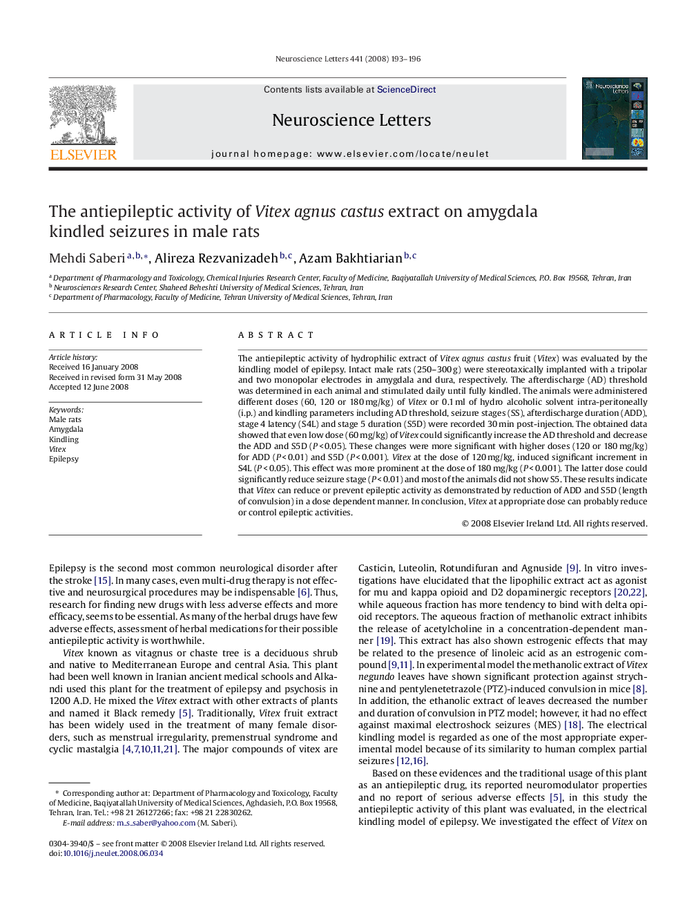 The antiepileptic activity of Vitex agnus castus extract on amygdala kindled seizures in male rats