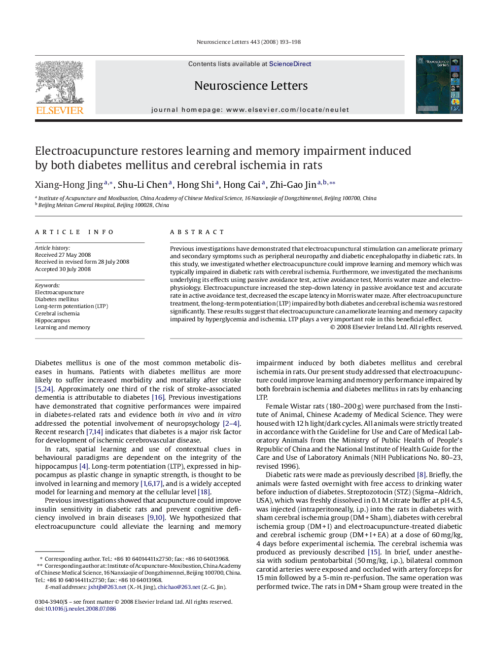 Electroacupuncture restores learning and memory impairment induced by both diabetes mellitus and cerebral ischemia in rats