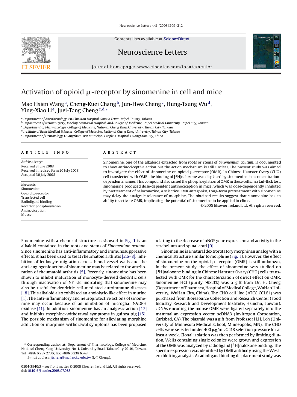 Activation of opioid μ-receptor by sinomenine in cell and mice