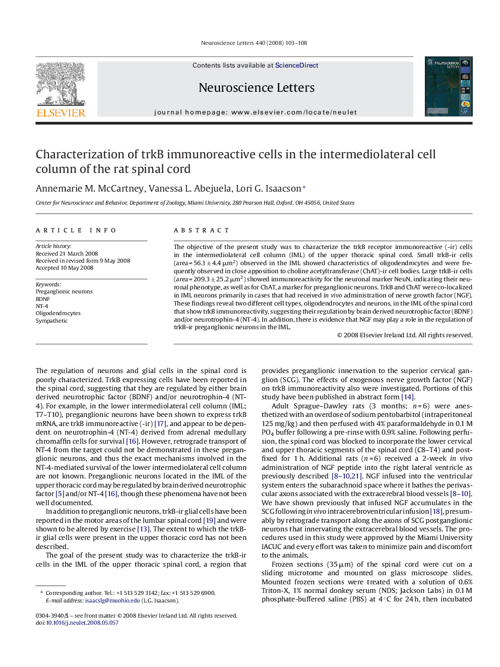 Characterization of trkB immunoreactive cells in the intermediolateral cell column of the rat spinal cord