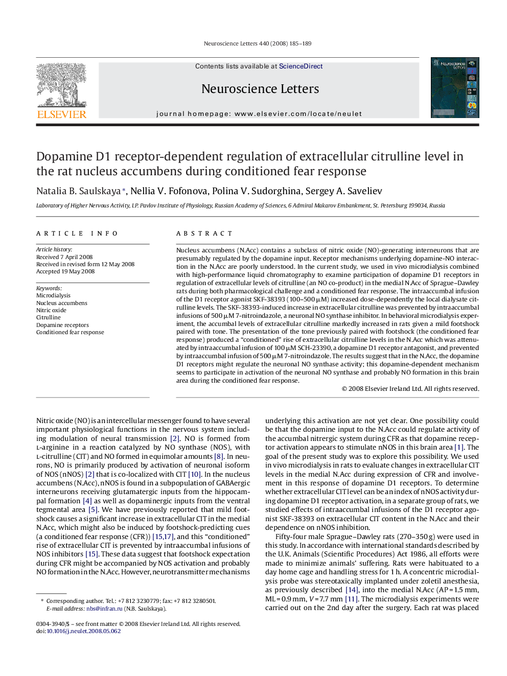 Dopamine D1 receptor-dependent regulation of extracellular citrulline level in the rat nucleus accumbens during conditioned fear response