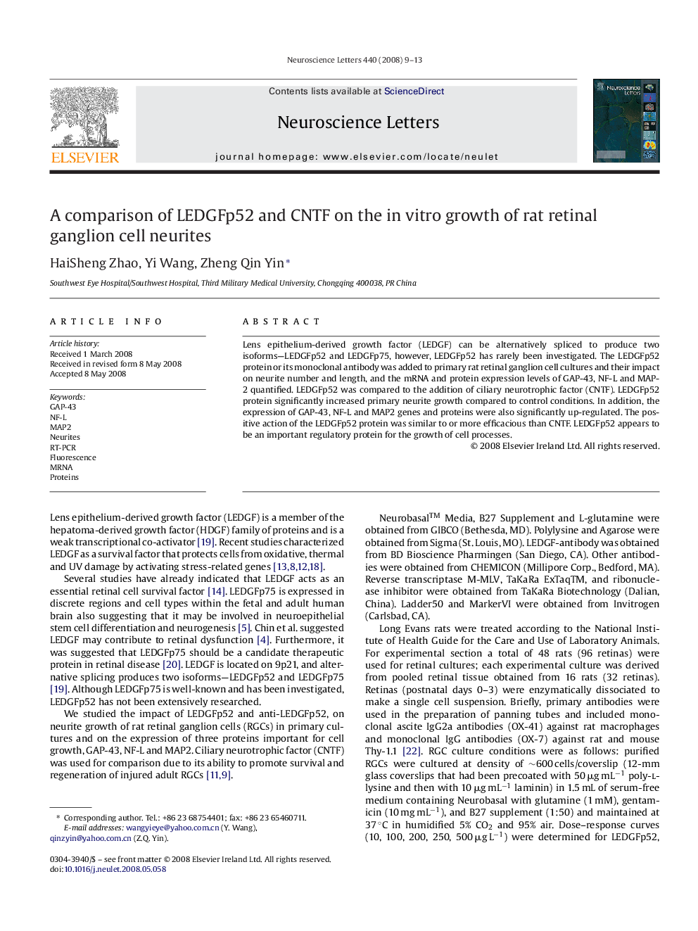 A comparison of LEDGFp52 and CNTF on the in vitro growth of rat retinal ganglion cell neurites