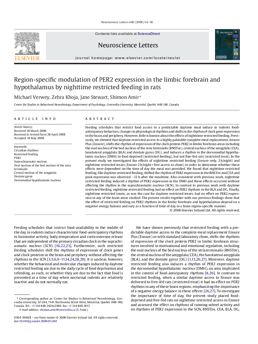 Region-specific modulation of PER2 expression in the limbic forebrain and hypothalamus by nighttime restricted feeding in rats