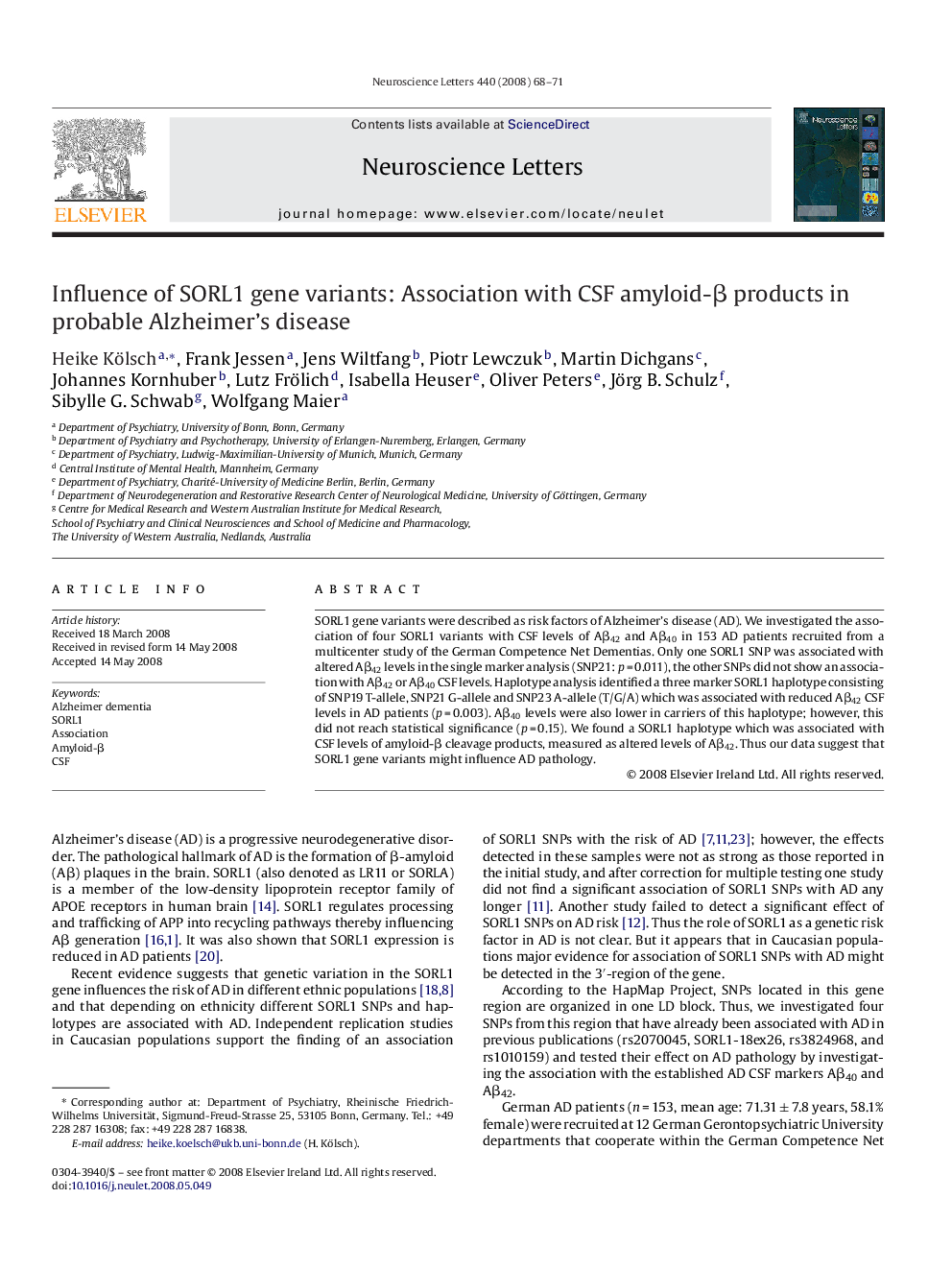 Influence of SORL1 gene variants: Association with CSF amyloid-β products in probable Alzheimer's disease