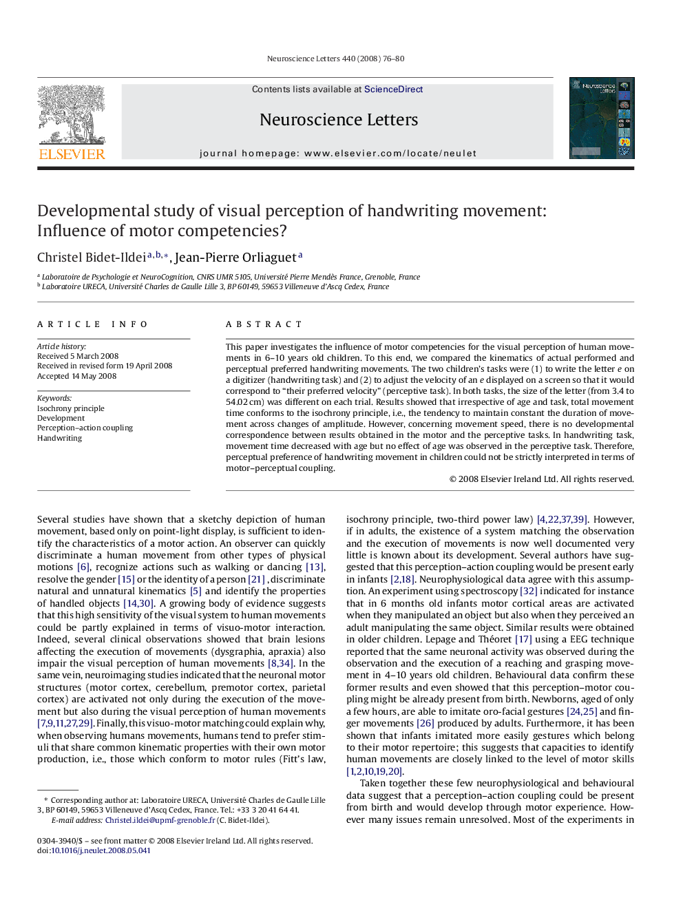 Developmental study of visual perception of handwriting movement: Influence of motor competencies?