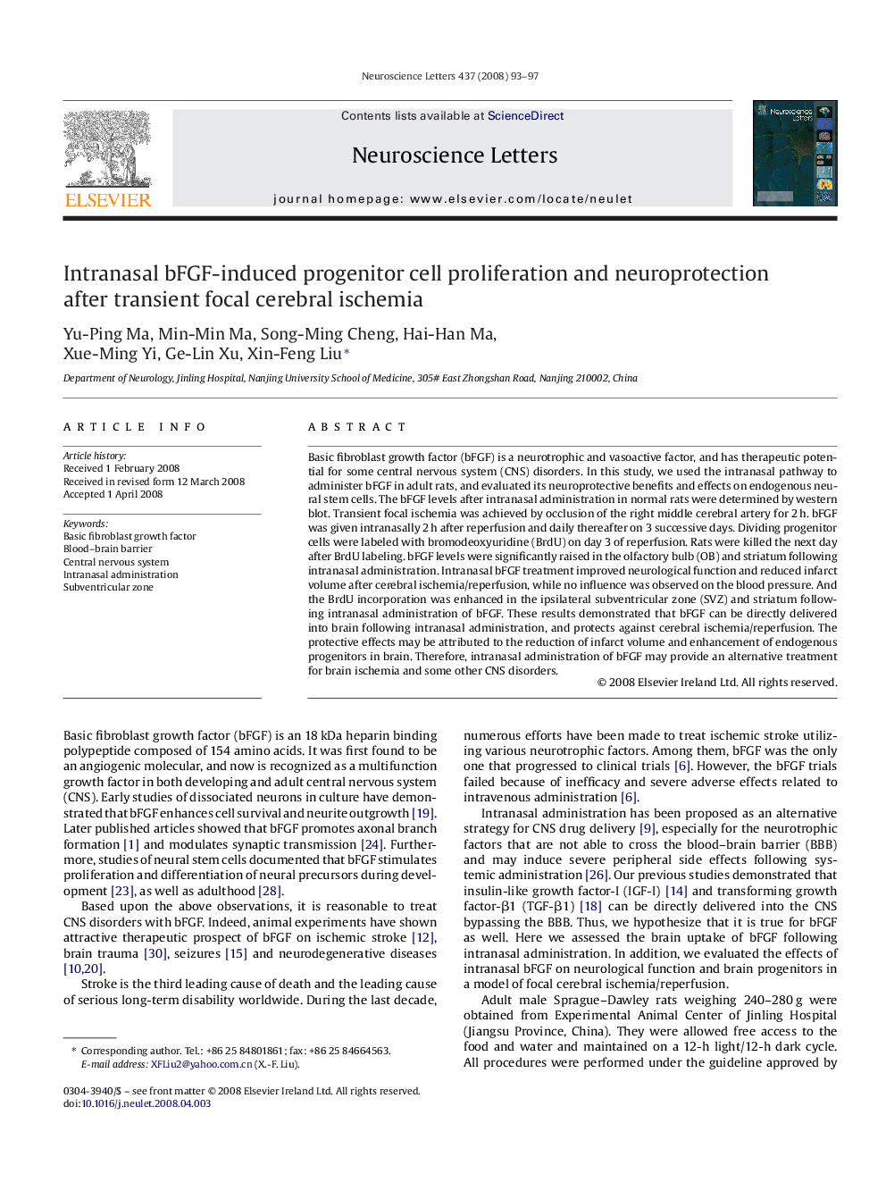 Intranasal bFGF-induced progenitor cell proliferation and neuroprotection after transient focal cerebral ischemia