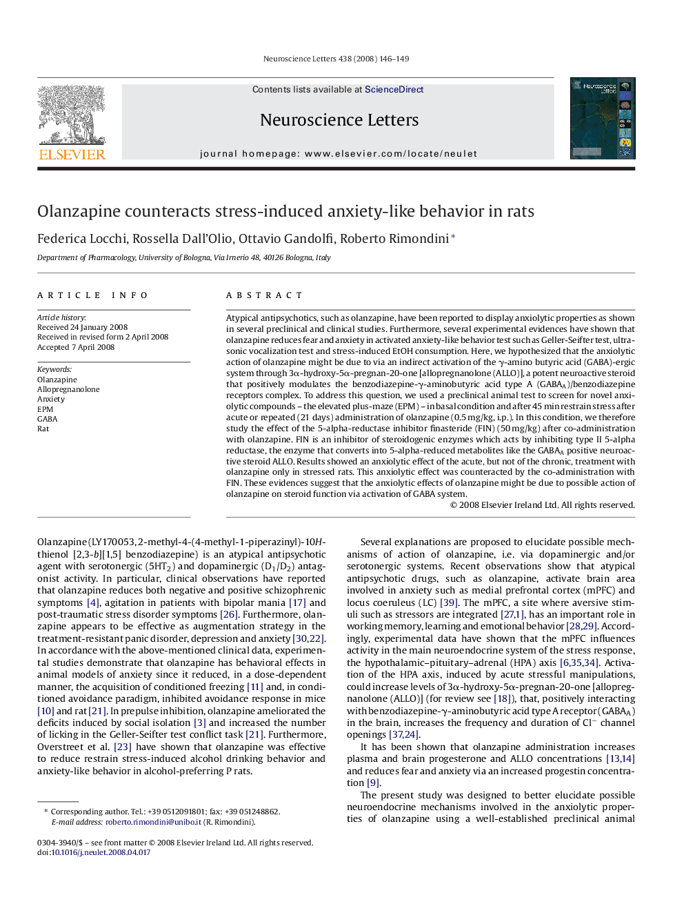 Olanzapine counteracts stress-induced anxiety-like behavior in rats