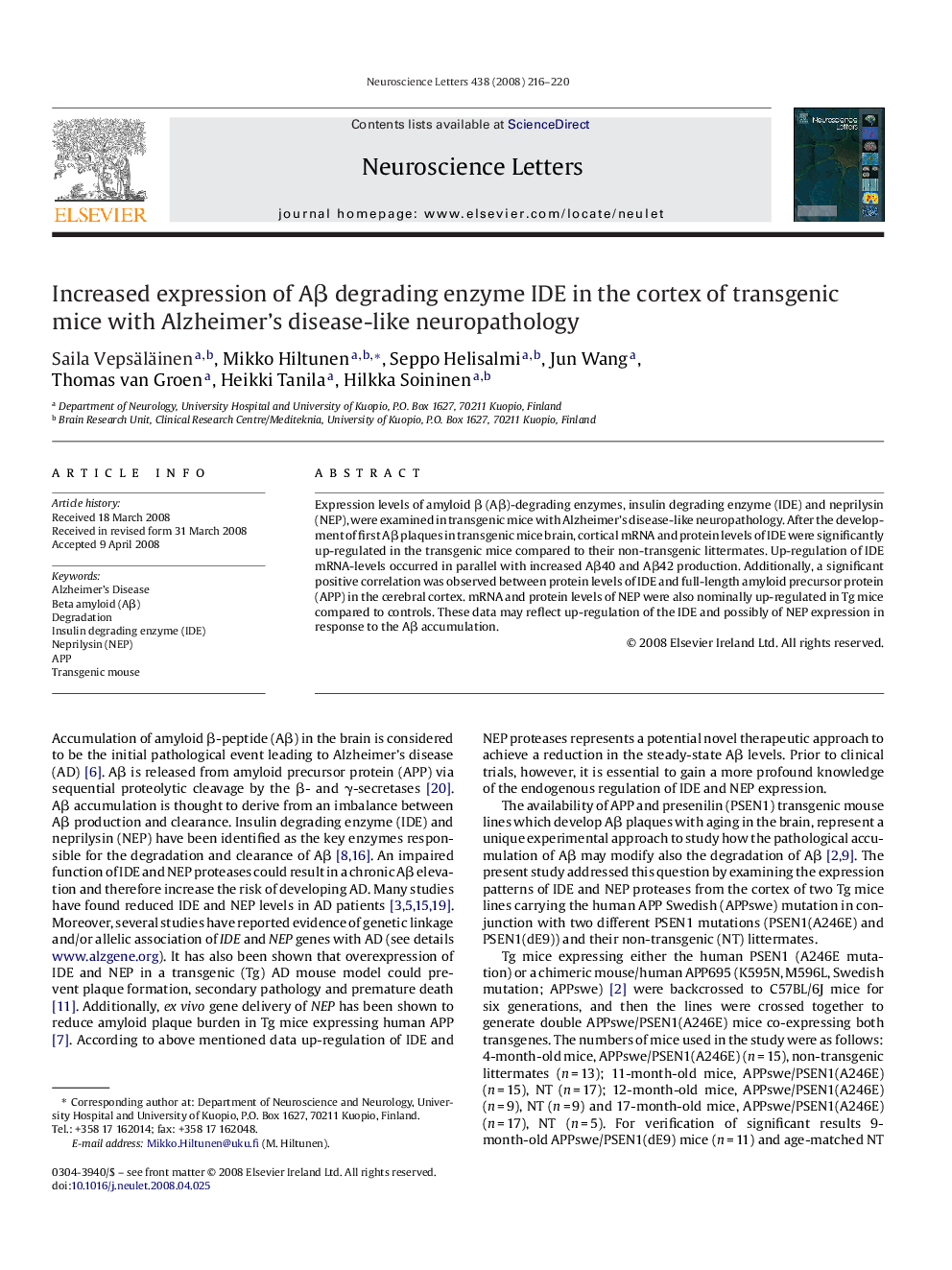 Increased expression of Aβ degrading enzyme IDE in the cortex of transgenic mice with Alzheimer's disease-like neuropathology