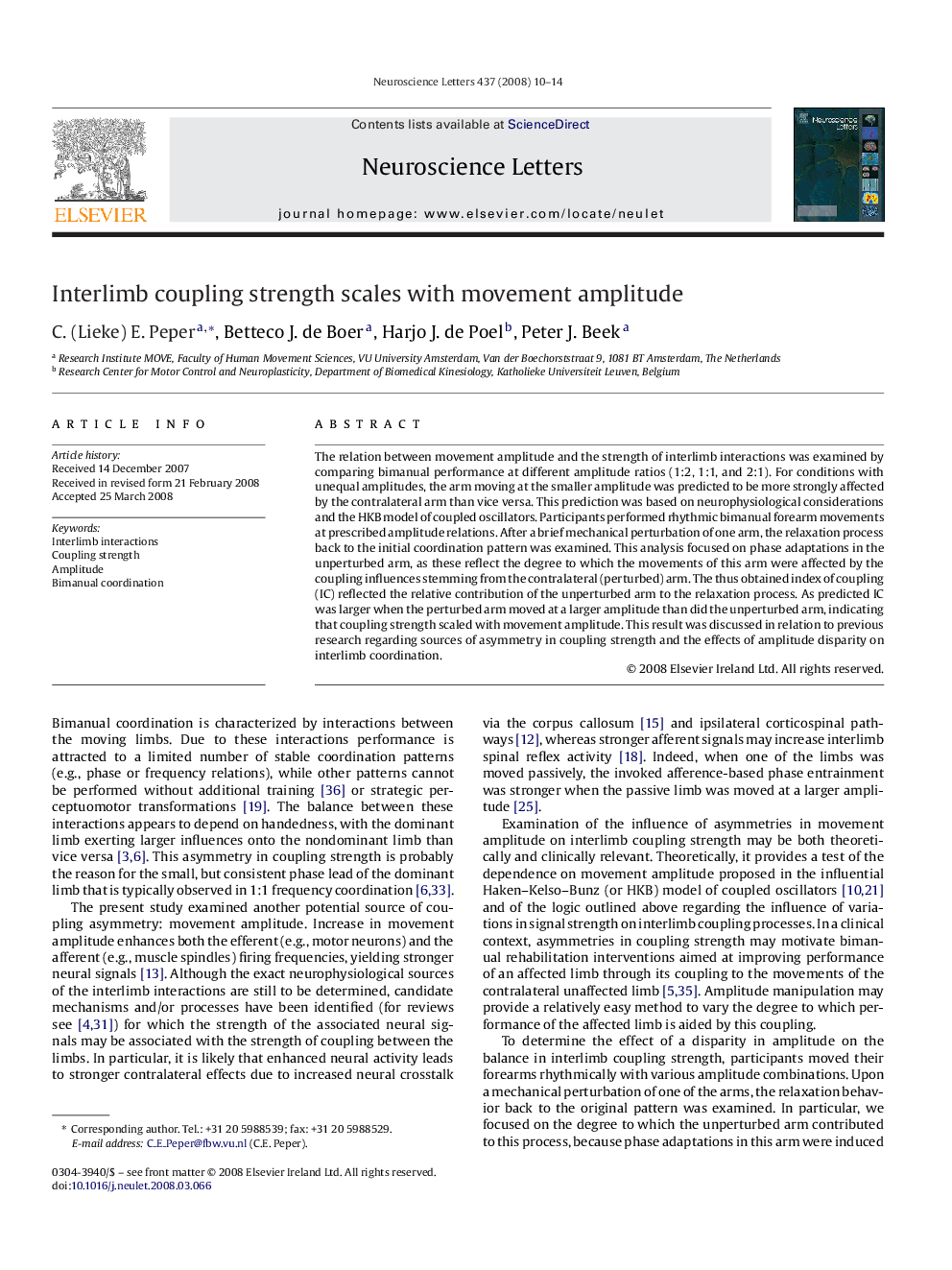 Interlimb coupling strength scales with movement amplitude