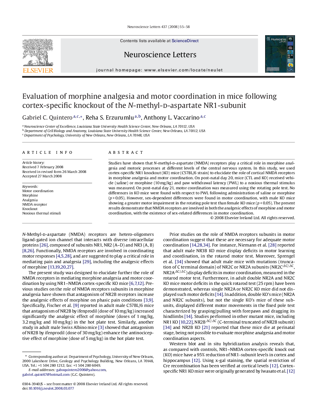 Evaluation of morphine analgesia and motor coordination in mice following cortex-specific knockout of the N-methyl-d-aspartate NR1-subunit