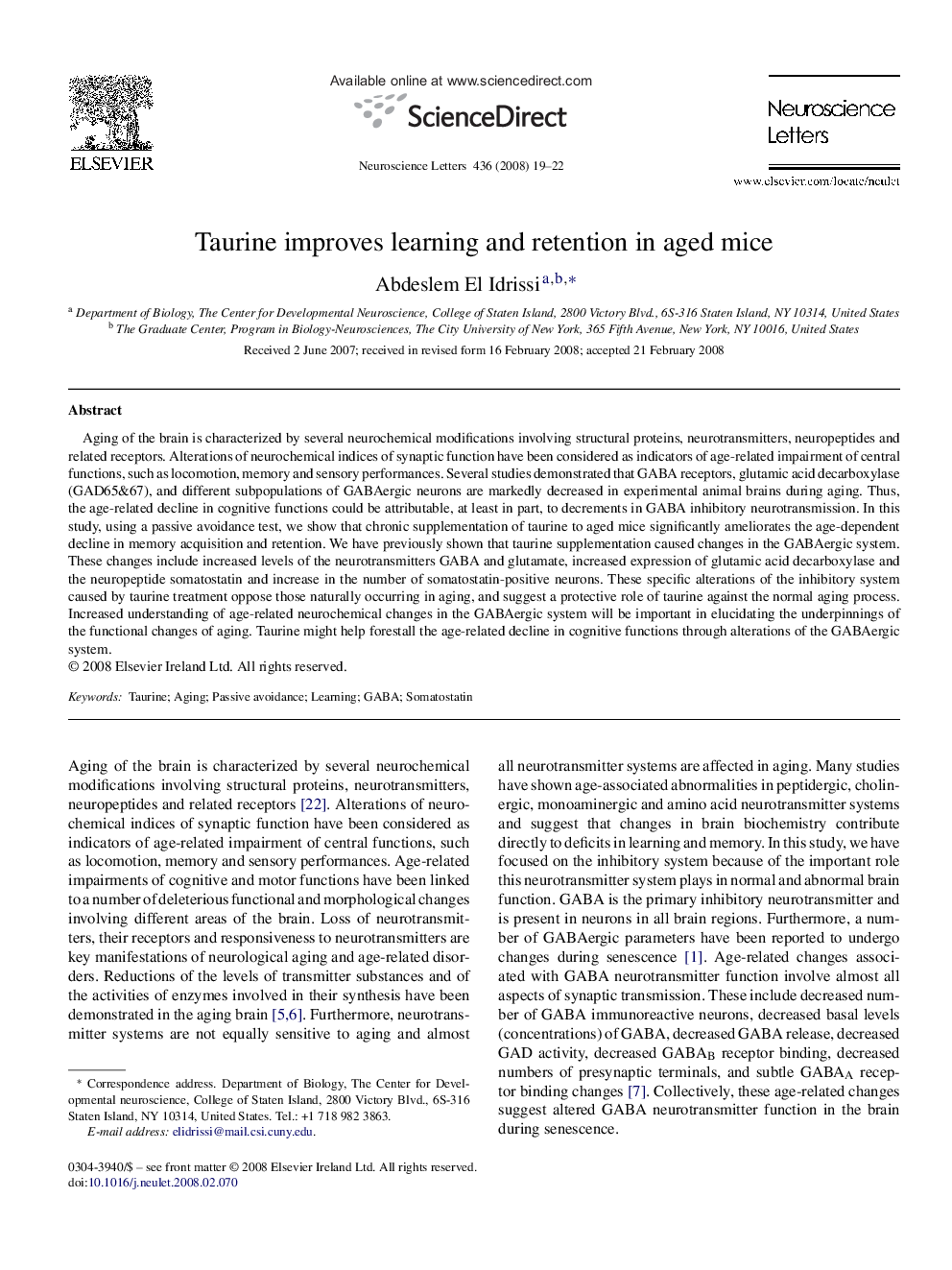 Taurine improves learning and retention in aged mice