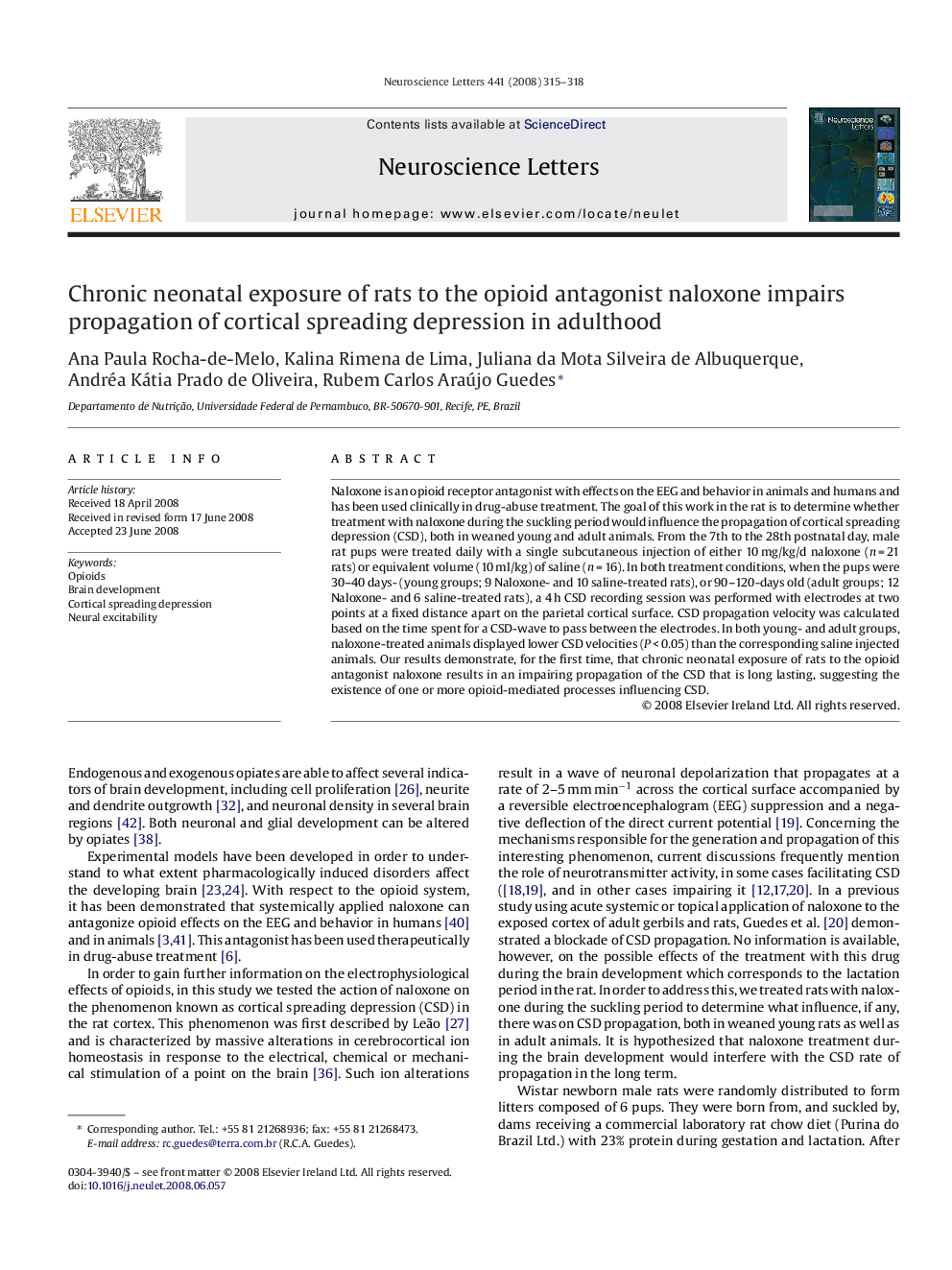 Chronic neonatal exposure of rats to the opioid antagonist naloxone impairs propagation of cortical spreading depression in adulthood