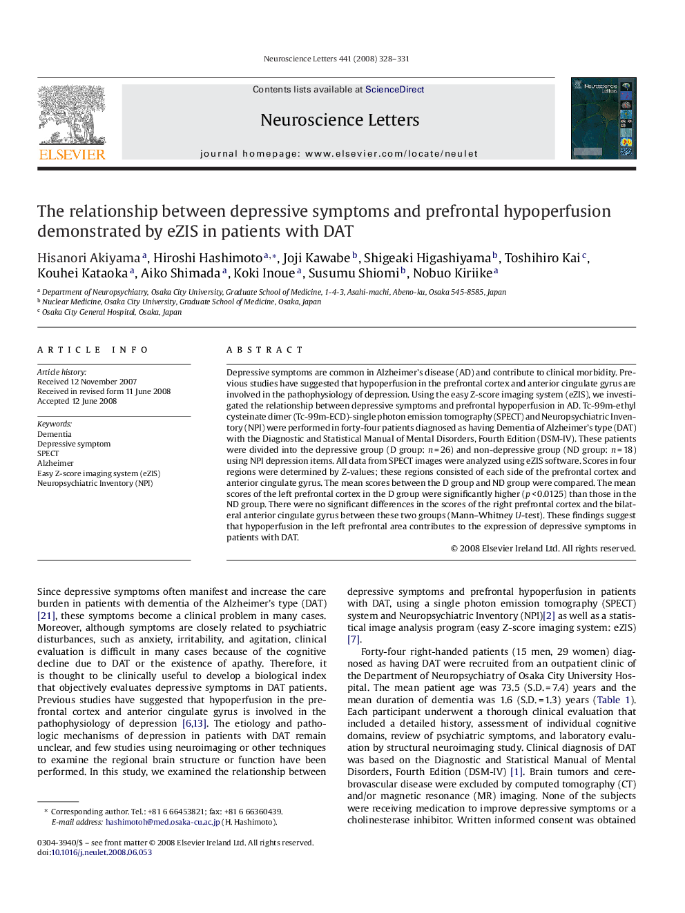 The relationship between depressive symptoms and prefrontal hypoperfusion demonstrated by eZIS in patients with DAT