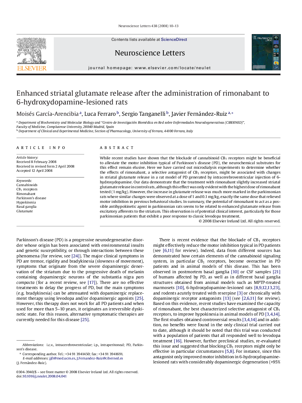 Enhanced striatal glutamate release after the administration of rimonabant to 6-hydroxydopamine-lesioned rats