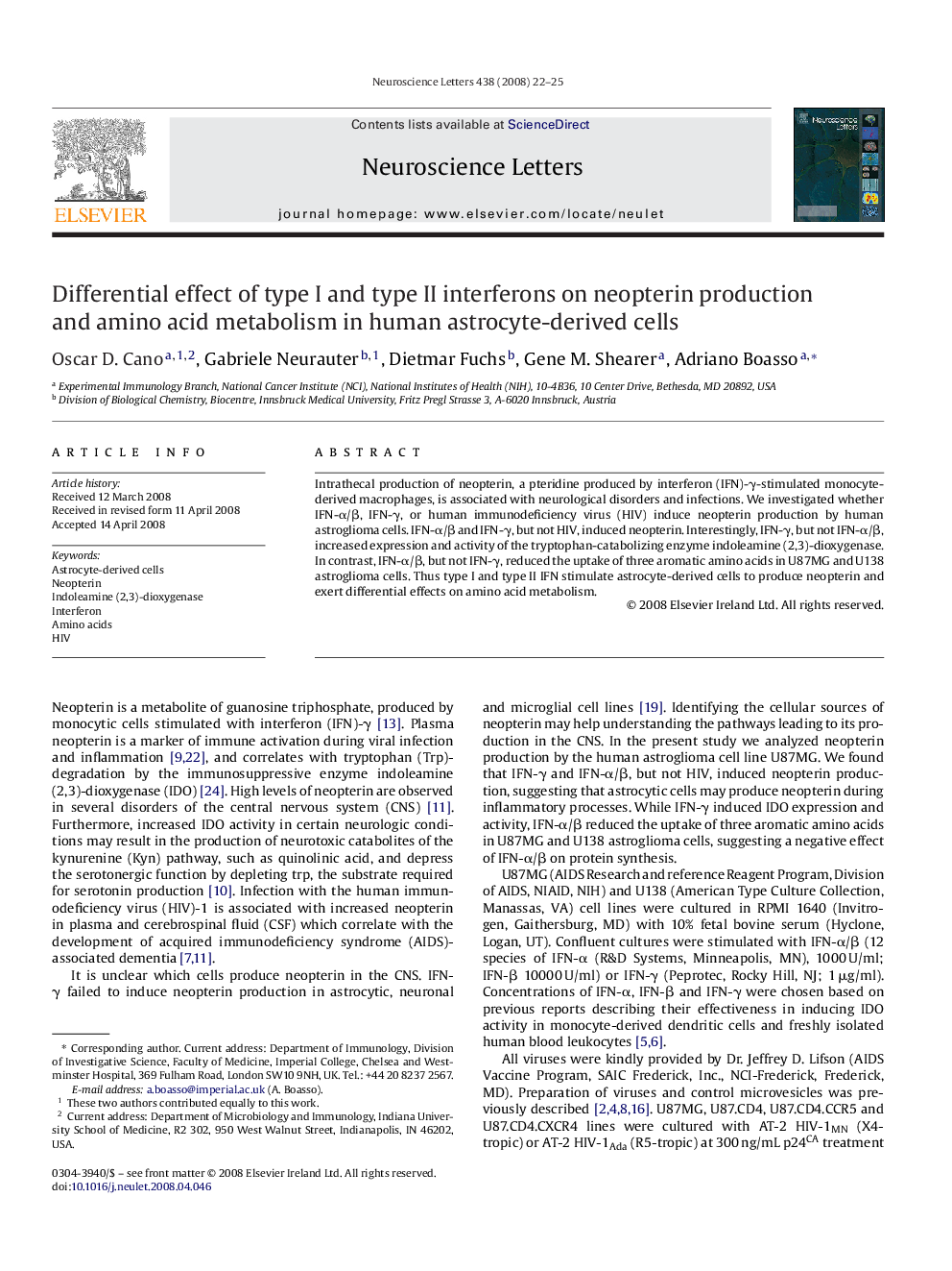 Differential effect of type I and type II interferons on neopterin production and amino acid metabolism in human astrocyte-derived cells