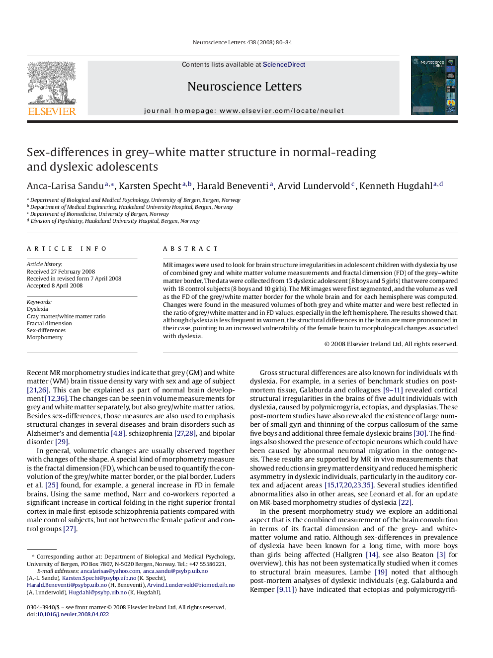 Sex-differences in grey–white matter structure in normal-reading and dyslexic adolescents