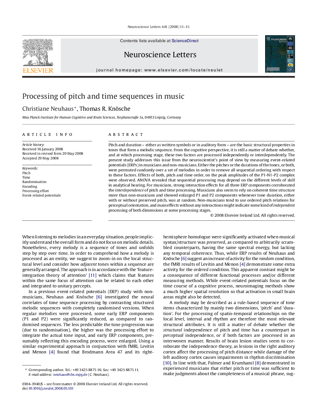 Processing of pitch and time sequences in music