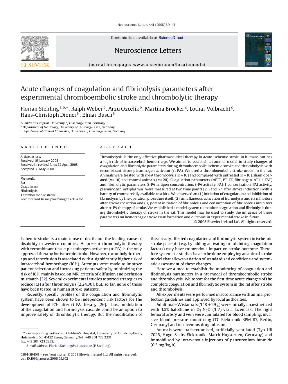 Acute changes of coagulation and fibrinolysis parameters after experimental thromboembolic stroke and thrombolytic therapy