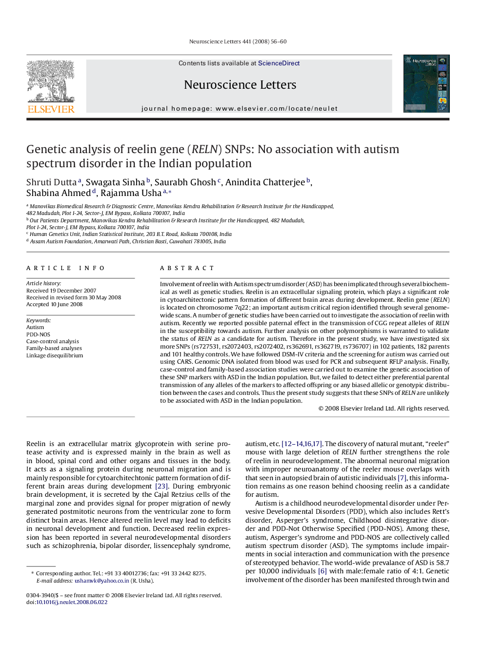 Genetic analysis of reelin gene (RELN) SNPs: No association with autism spectrum disorder in the Indian population