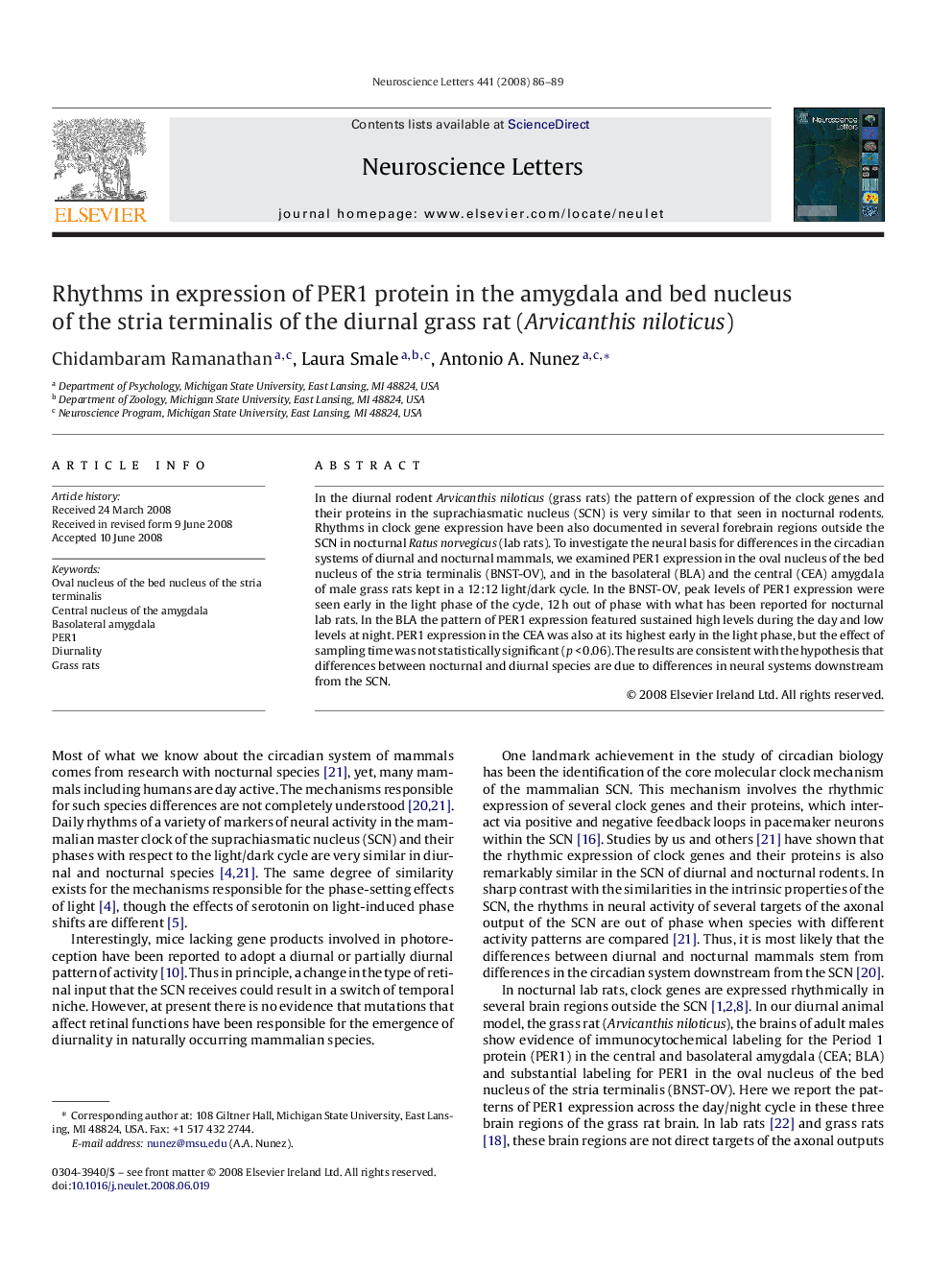 Rhythms in expression of PER1 protein in the amygdala and bed nucleus of the stria terminalis of the diurnal grass rat (Arvicanthis niloticus)