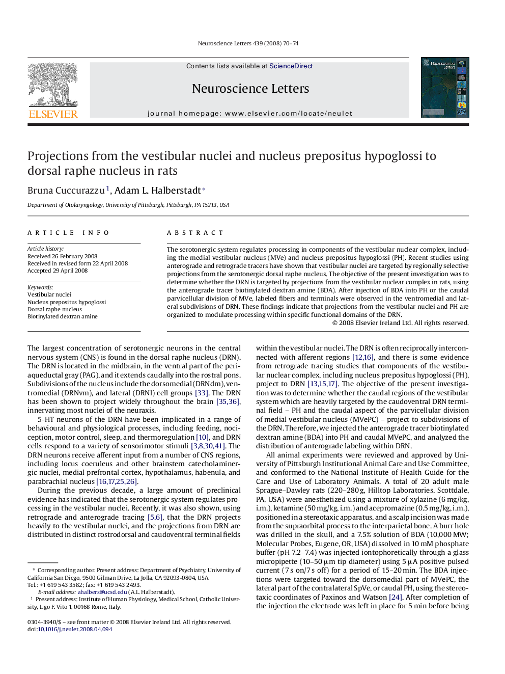 Projections from the vestibular nuclei and nucleus prepositus hypoglossi to dorsal raphe nucleus in rats