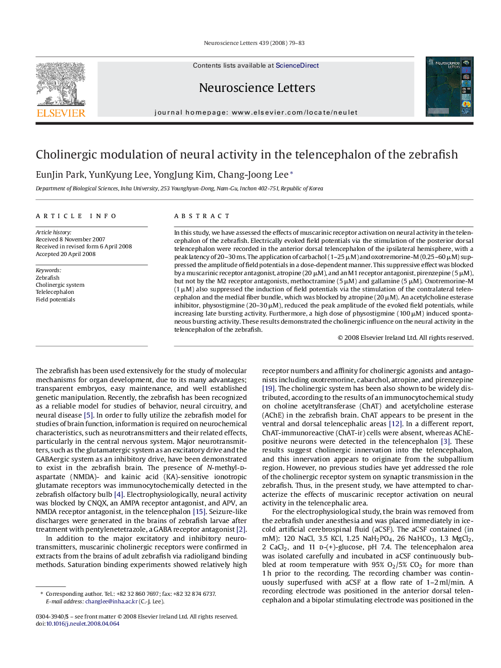 Cholinergic modulation of neural activity in the telencephalon of the zebrafish