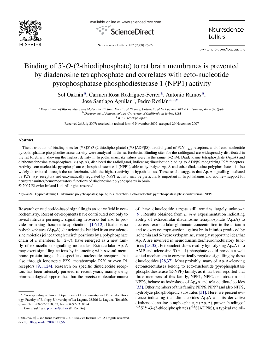 Binding of 5′-O-(2-thiodiphosphate) to rat brain membranes is prevented by diadenosine tetraphosphate and correlates with ecto-nucleotide pyrophosphatase phosphodiesterase 1 (NPP1) activity