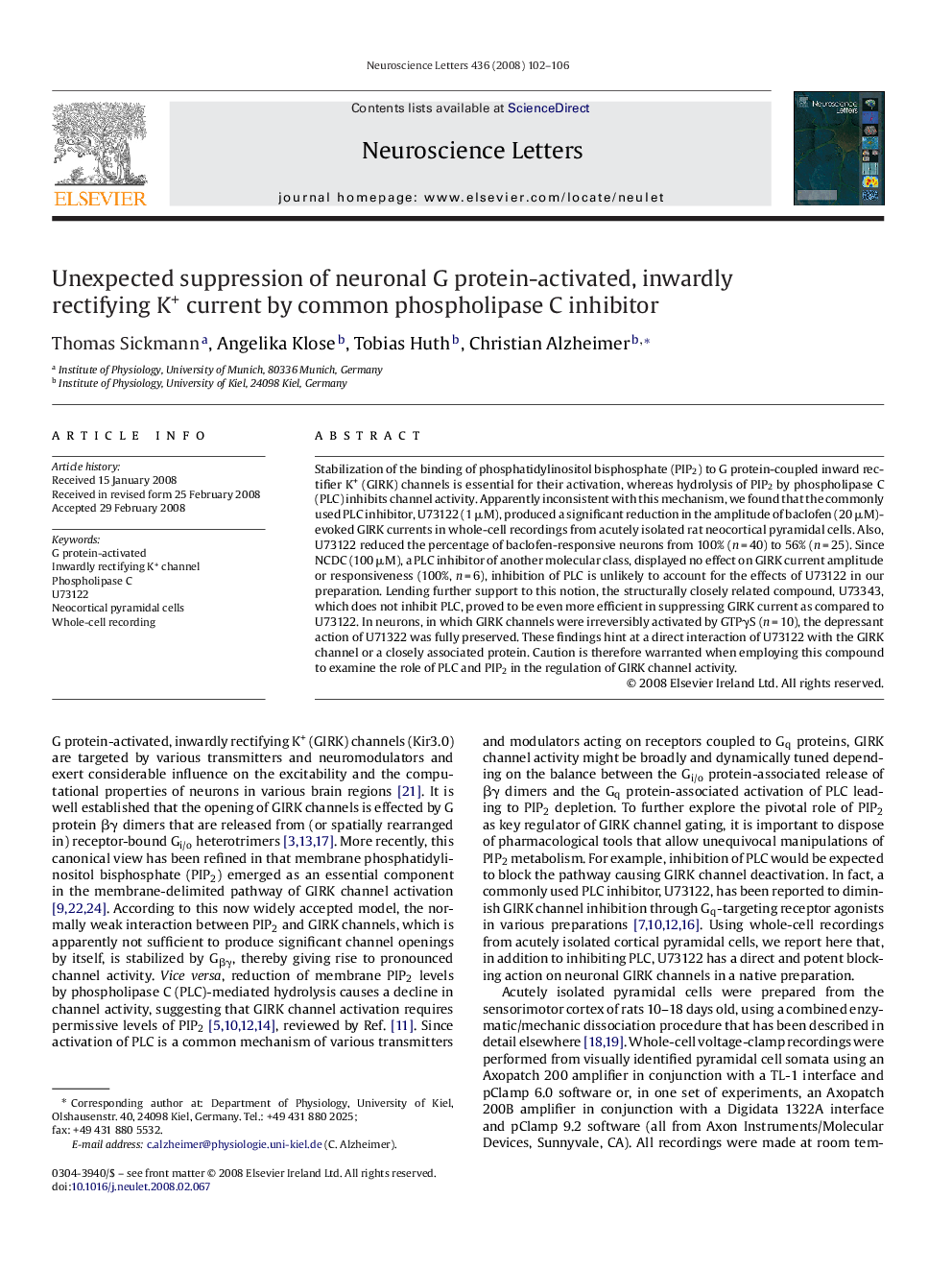 Unexpected suppression of neuronal G protein-activated, inwardly rectifying K+ current by common phospholipase C inhibitor