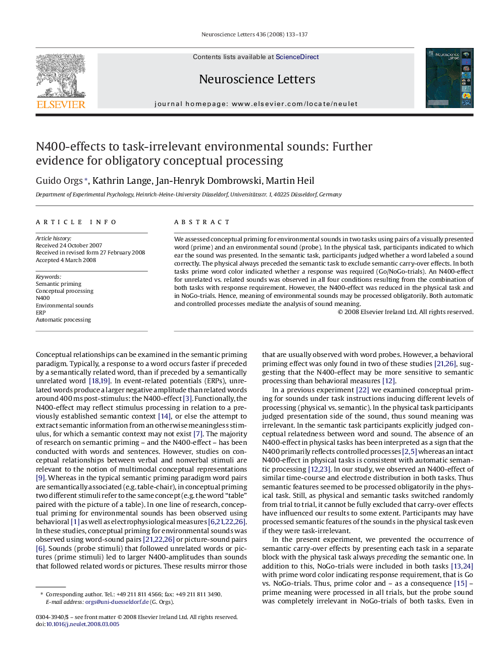 N400-effects to task-irrelevant environmental sounds: Further evidence for obligatory conceptual processing