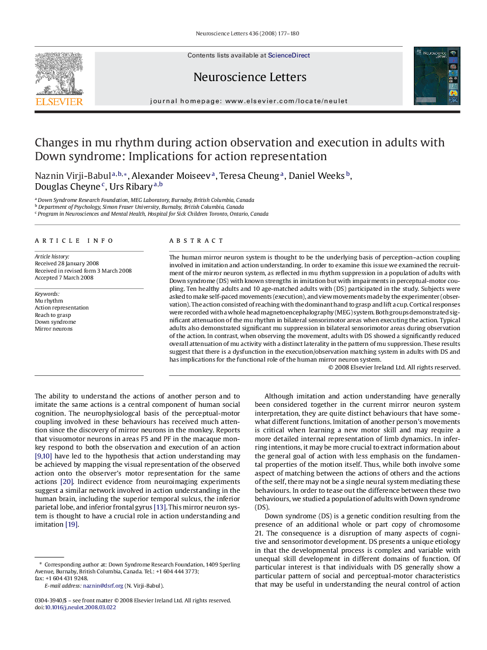 Changes in mu rhythm during action observation and execution in adults with Down syndrome: Implications for action representation