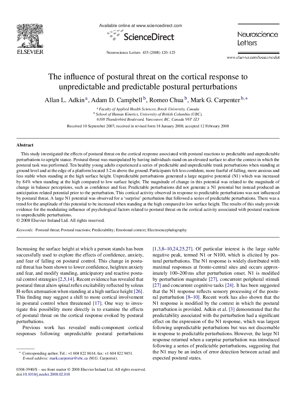 The influence of postural threat on the cortical response to unpredictable and predictable postural perturbations