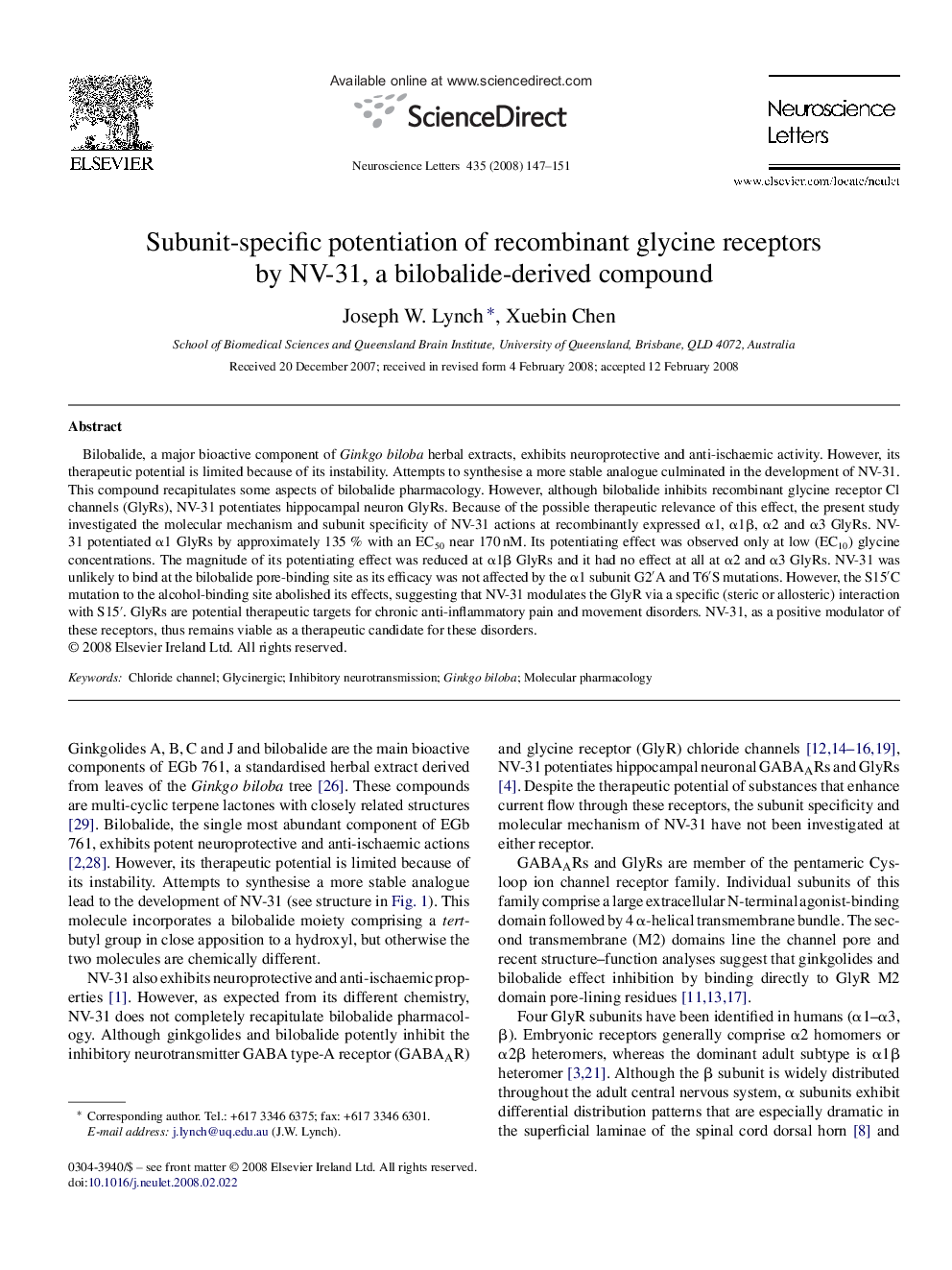 Subunit-specific potentiation of recombinant glycine receptors by NV-31, a bilobalide-derived compound