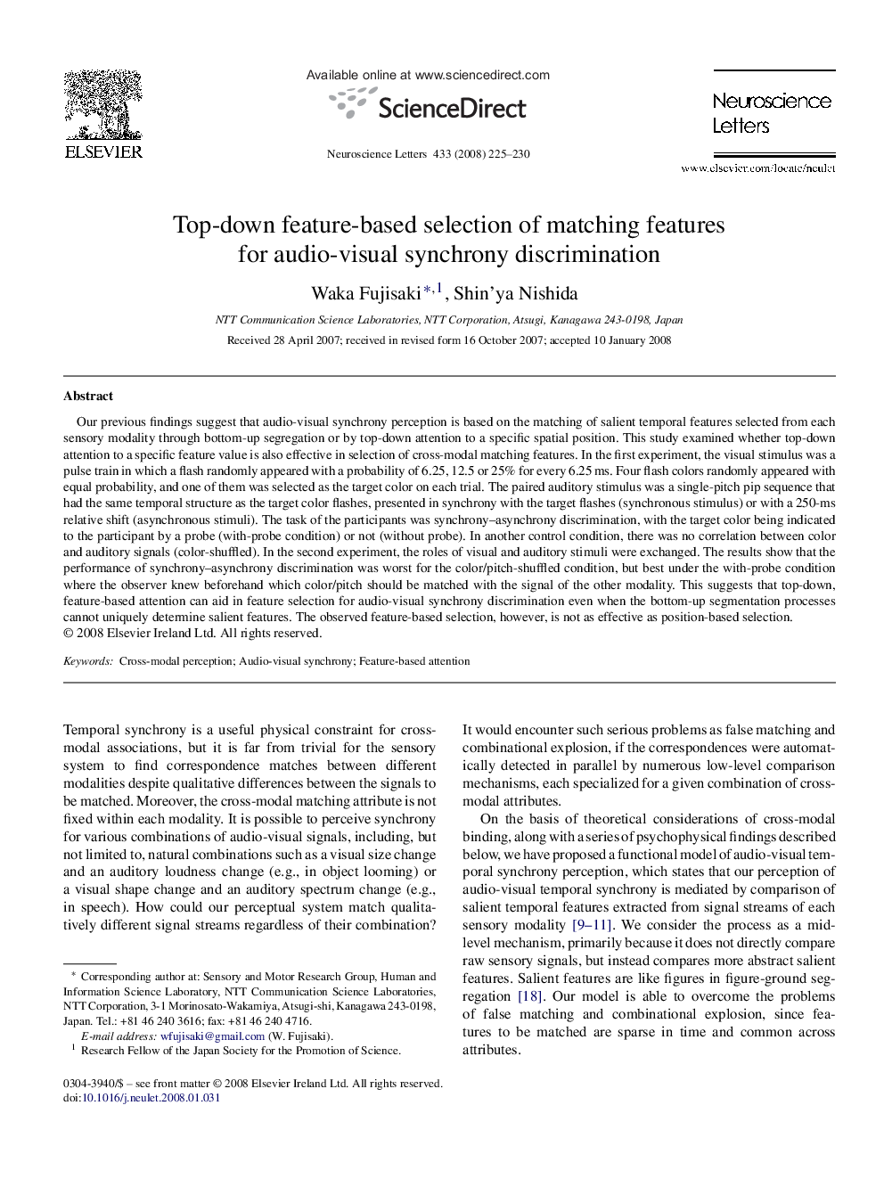 Top-down feature-based selection of matching features for audio-visual synchrony discrimination