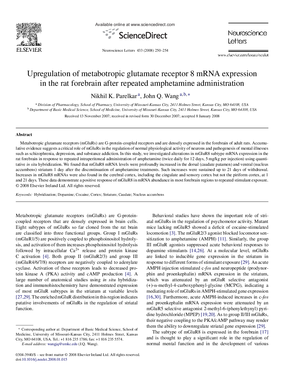 Upregulation of metabotropic glutamate receptor 8 mRNA expression in the rat forebrain after repeated amphetamine administration