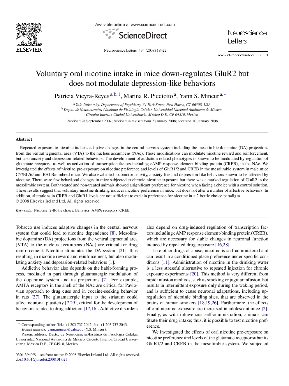 Voluntary oral nicotine intake in mice down-regulates GluR2 but does not modulate depression-like behaviors