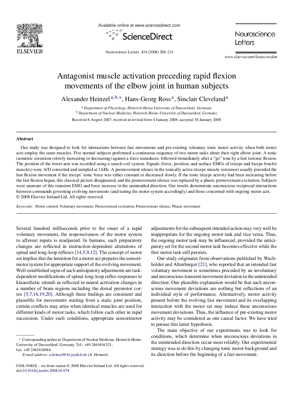 Antagonist muscle activation preceding rapid flexion movements of the elbow joint in human subjects