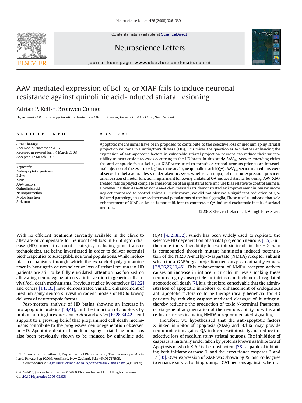 AAV-mediated expression of Bcl-xL or XIAP fails to induce neuronal resistance against quinolinic acid-induced striatal lesioning