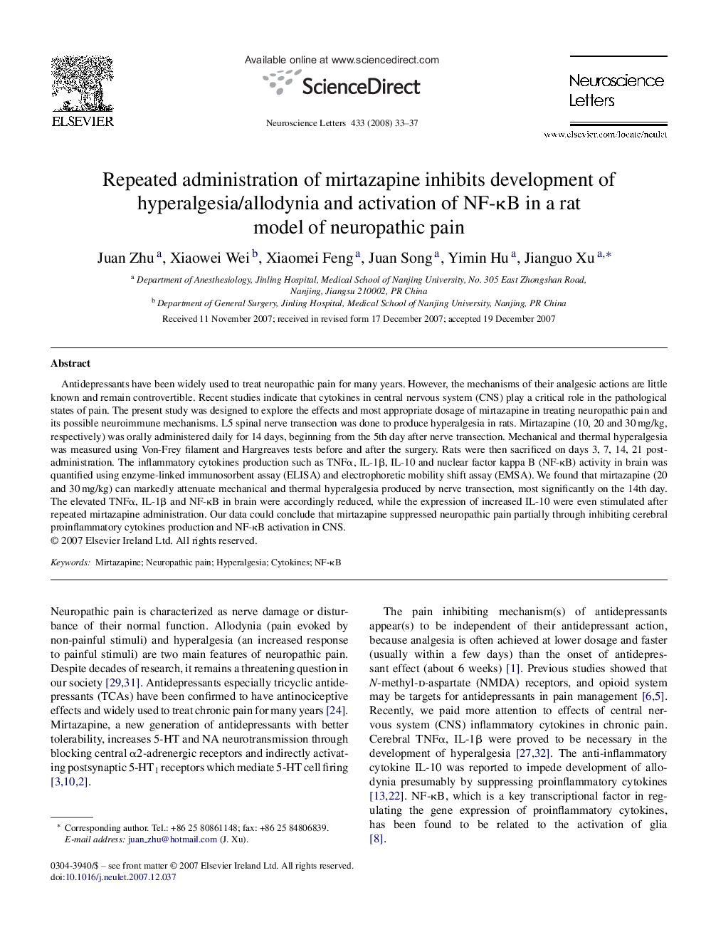 Repeated administration of mirtazapine inhibits development of hyperalgesia/allodynia and activation of NF-κB in a rat model of neuropathic pain