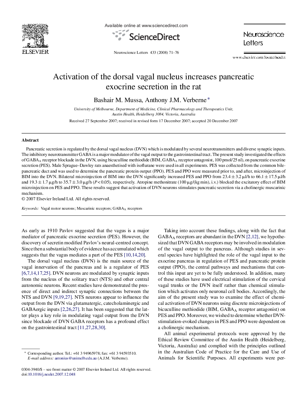 Activation of the dorsal vagal nucleus increases pancreatic exocrine secretion in the rat