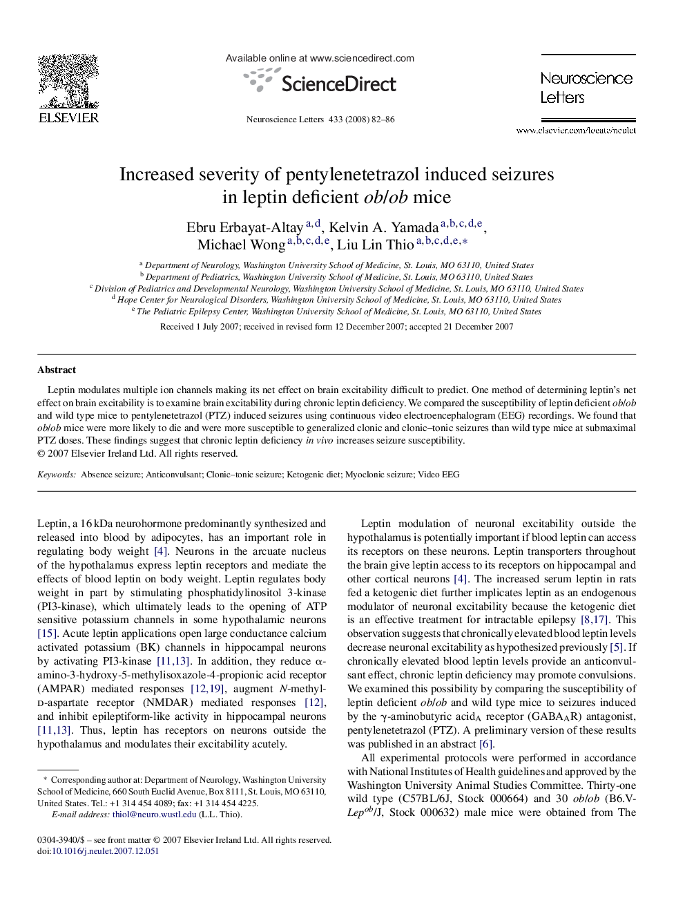 Increased severity of pentylenetetrazol induced seizures in leptin deficient ob/ob mice